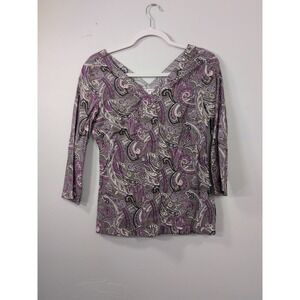 Peter Millar paisley top, Sz S,‎ v-neck, multicolor, side zip, Athleisure, Sport